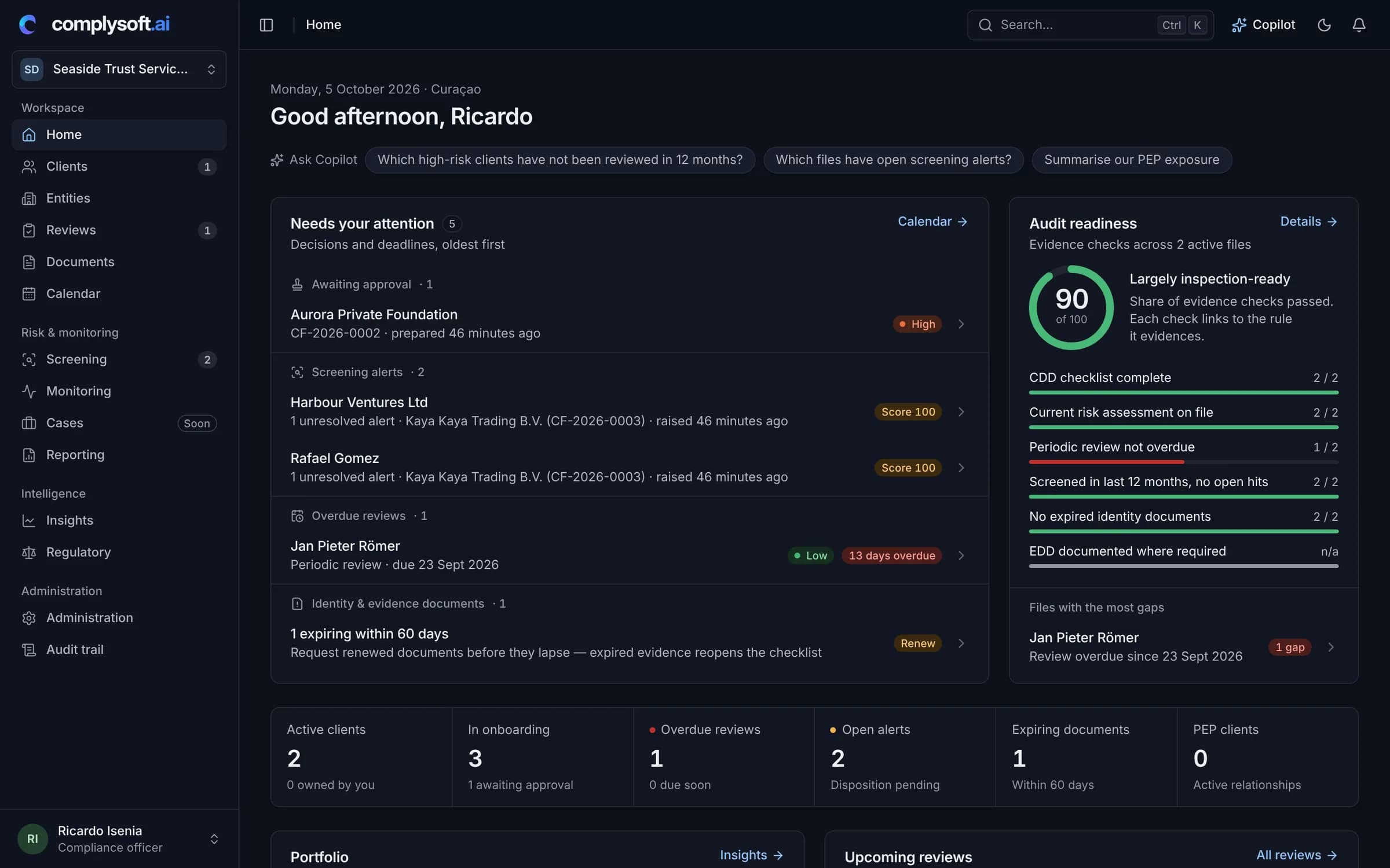 The ComplySoft home screen: work that needs attention, audit readiness and key figures for the portfolio.