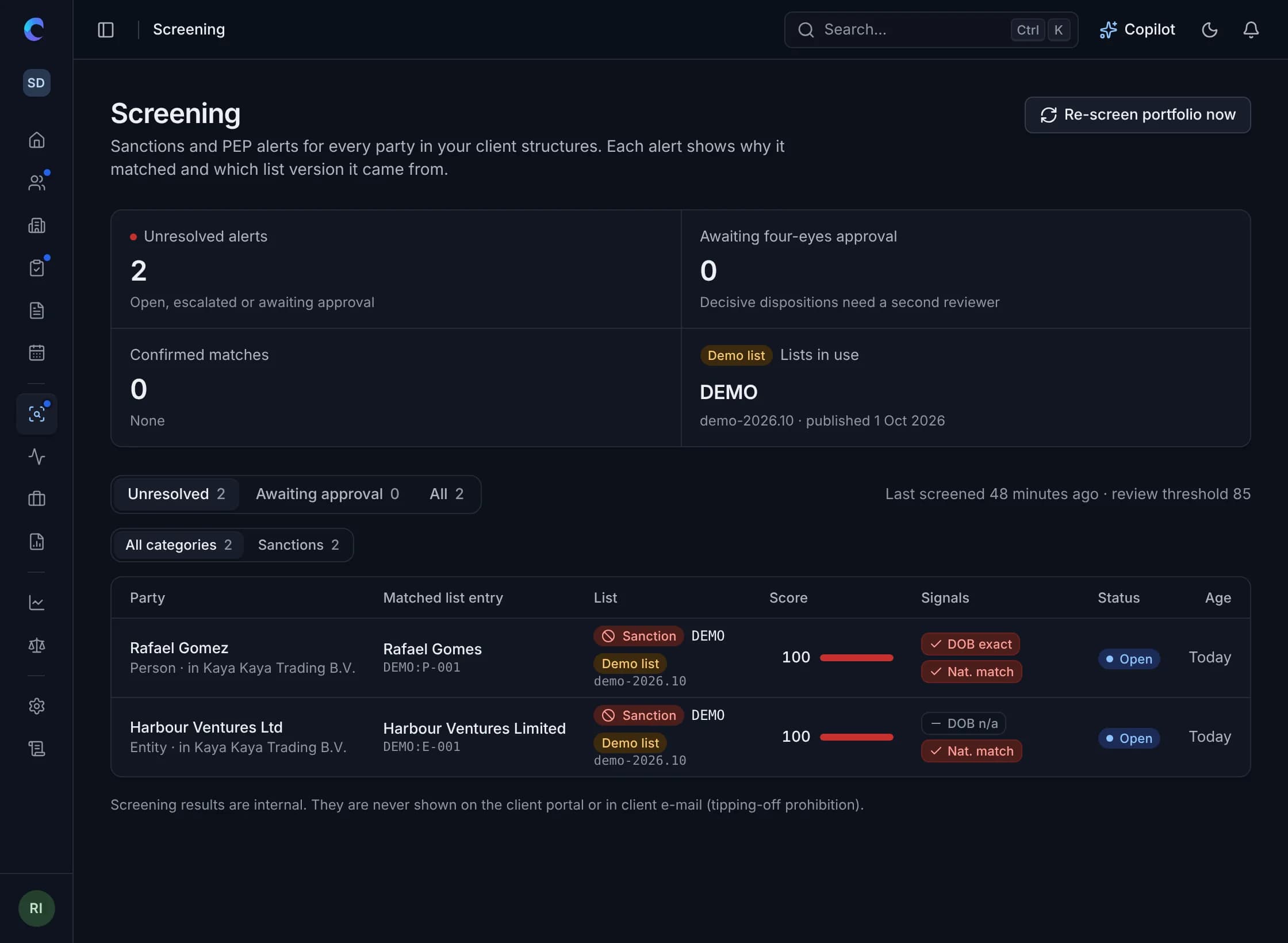 Screening alerts with the matched list entry, score and matching signals.